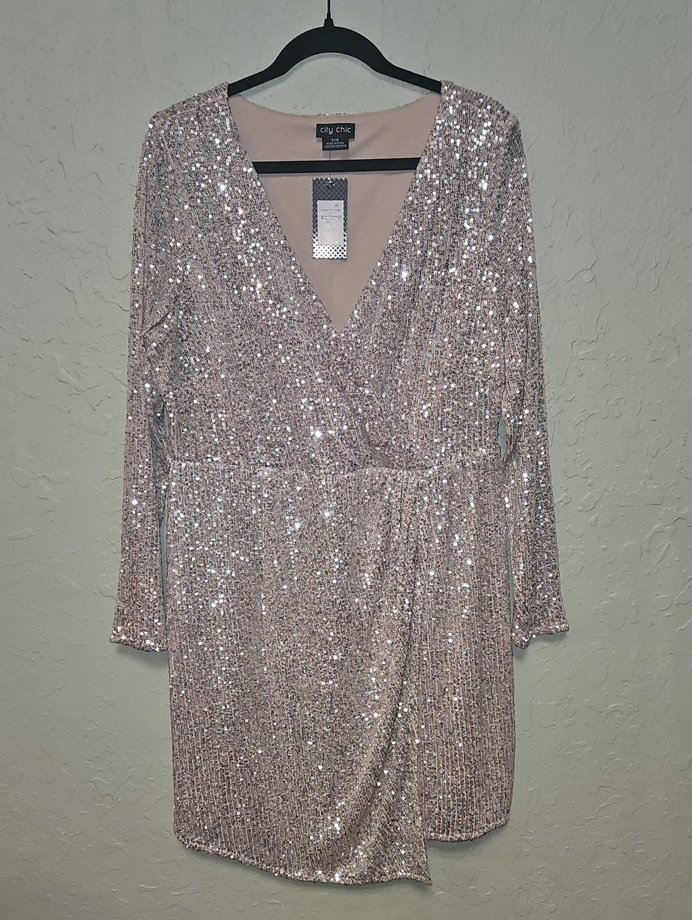 City Chic Silver/Nude Sequin Sleeved Wrap Dress